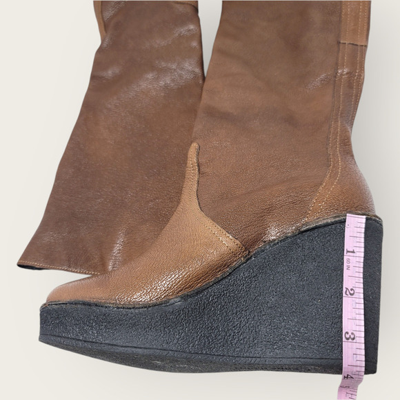 Pierre Hardy Brown Leather Knee High Pull On Tall Wedge Platform Boots Size 38 - Picture 6 of 12